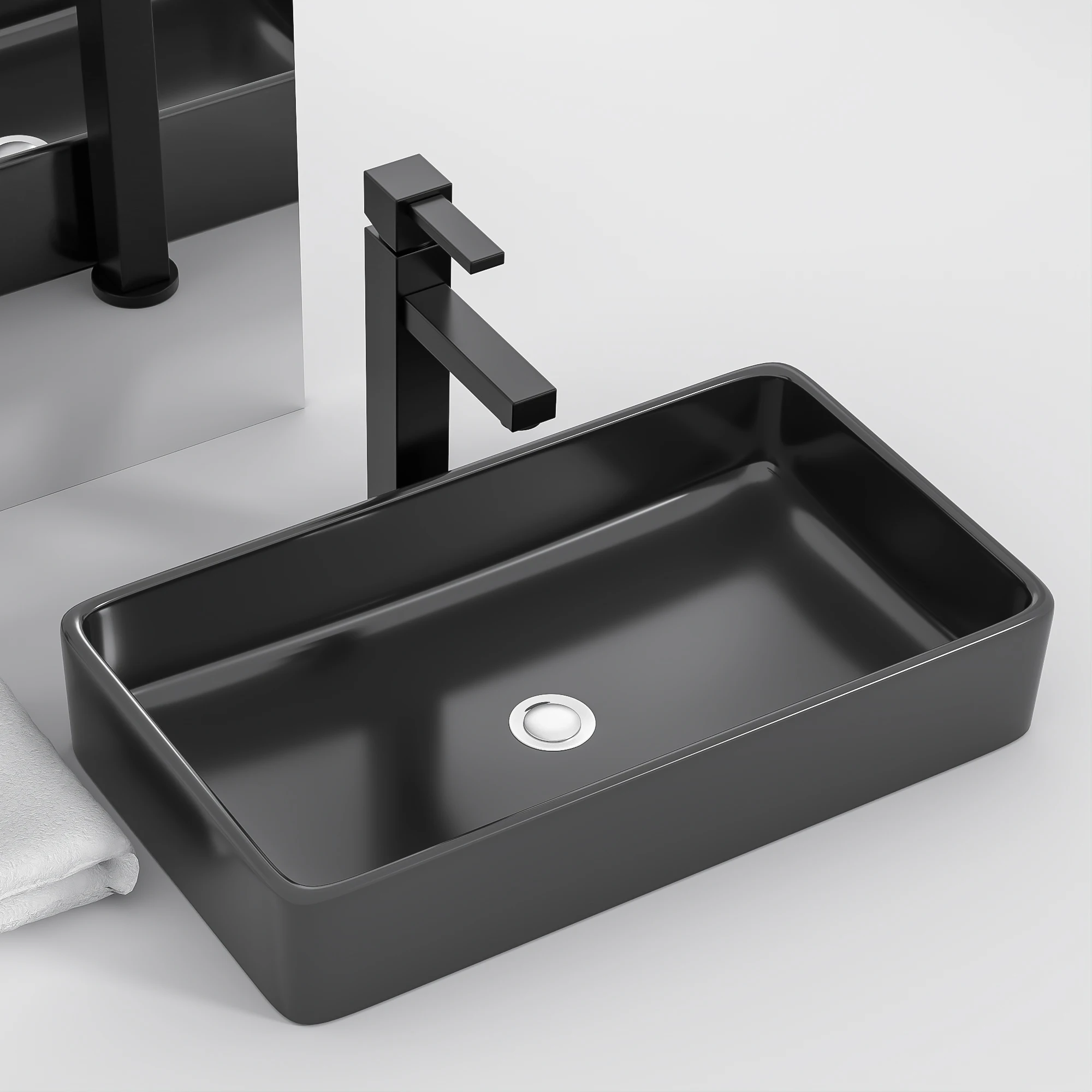 

US Modern 24*13.5 Inch Black Ceramic Bathroom Sink Top Mount Easy Clean Rectangle Hotel Washroom Basin