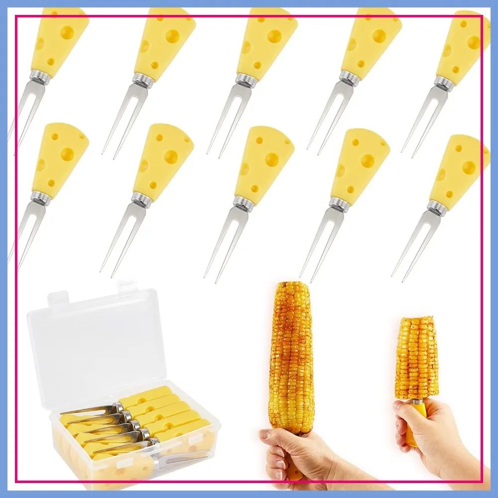 Soportes para Mazorcas de Maíz con Mango Grande para Queso, Tenedores de Acero Inoxidable, Juego de Pinchos para Maíz para Asar, Camping y Fiestas, Paquete de 10, Amarillo