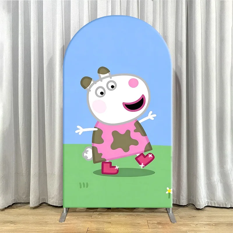 2D Flat Arch Backdrop Cover Single Layer Non-Stretch Fabric Peppa Pig Themed Party Set with Three Arched Panels Featuring