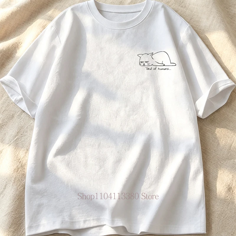 Tired Cat Pattern Print T-Shirt for Women Summer Casual Fashion Minimalist Tops Comfort Crew Neck Short Sleeve Cotton Tees