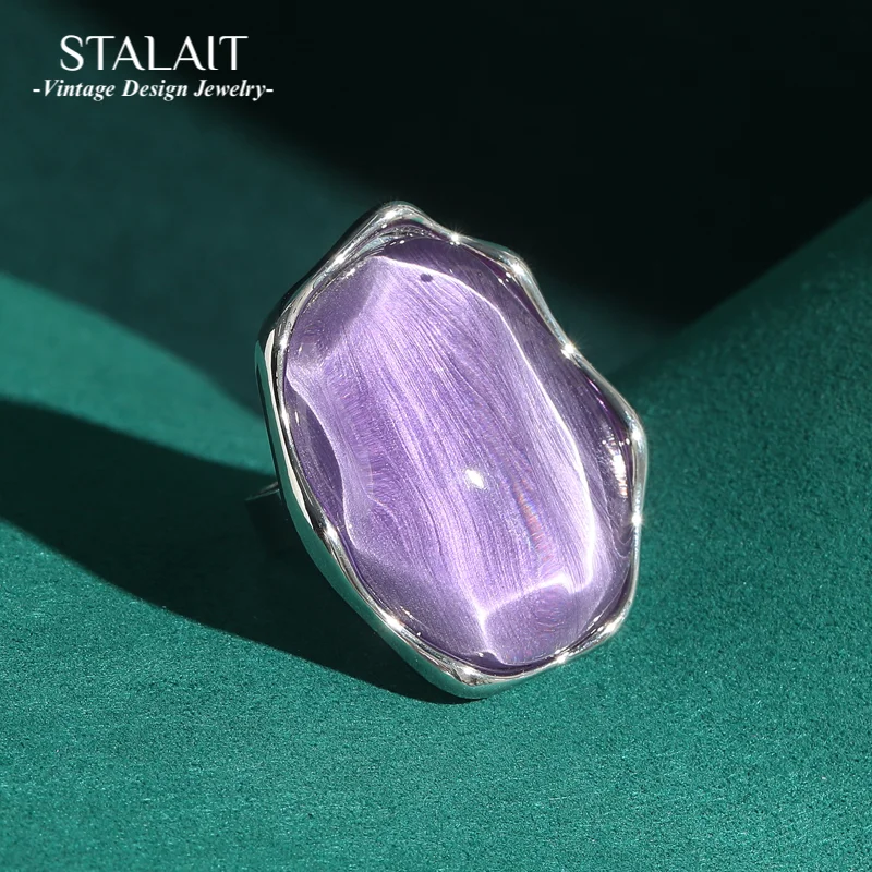 

Vintage Purple Ring Real Opal Jewelry For Woman Luxury Quality Cat Eye Stone Irregular Crystal Silver Color Designer Brands 2025