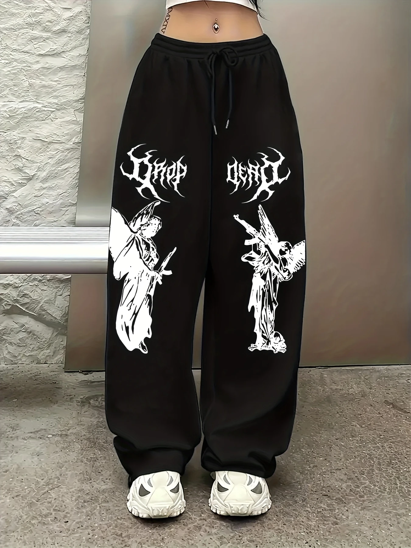 Y2K Dark Gothic Angel Portrait Letter Printed Wide Leg Pants for Women, Wide Pine Subculture Street Casual Pants
