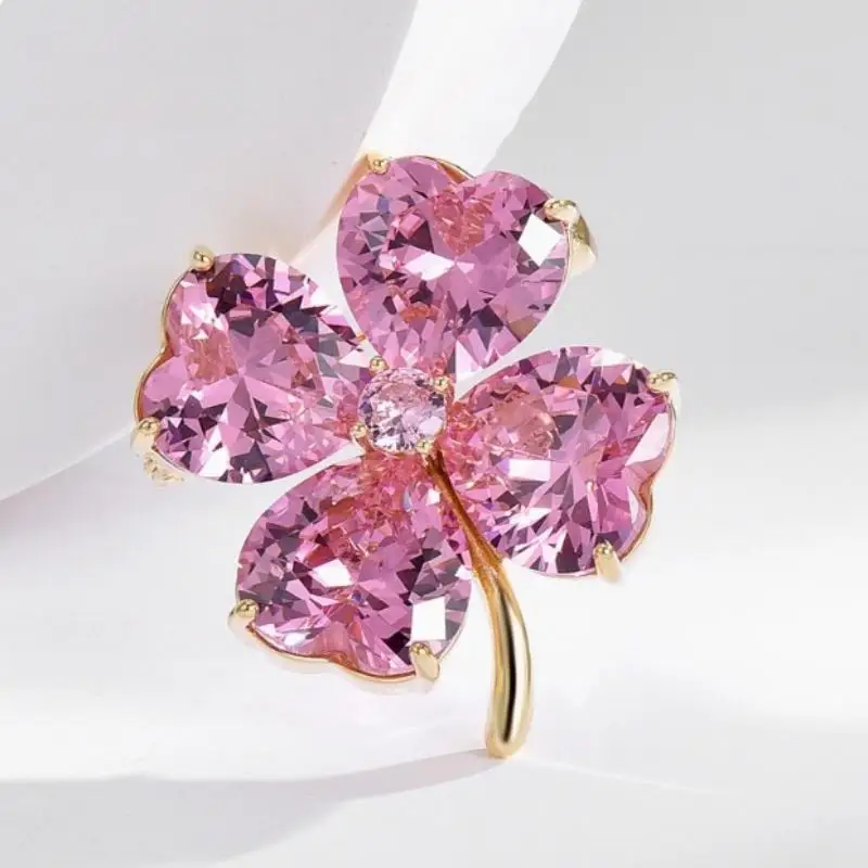 Women's Delicate Pink Four Leaf Clover Brooch, Fashionable Lapel Pins and a Perfect Touch to Wedding Apparel