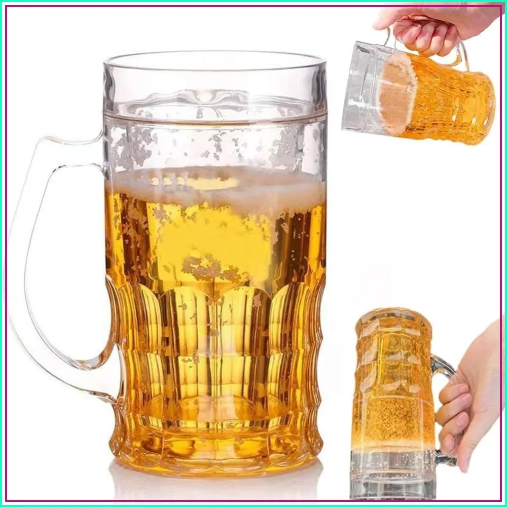 Double Walled Beer Mug, 16 oz Fake Beer Glasses with Handle, Reusable Drinking Cups for Freezer, BPA Free