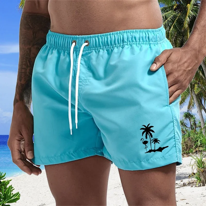

Flamingo Coconut Tree Print Board Shorts for Men Summer Casual Beach Shorts Quick Dry Swim Trunks with Mesh Lining Side Pockets