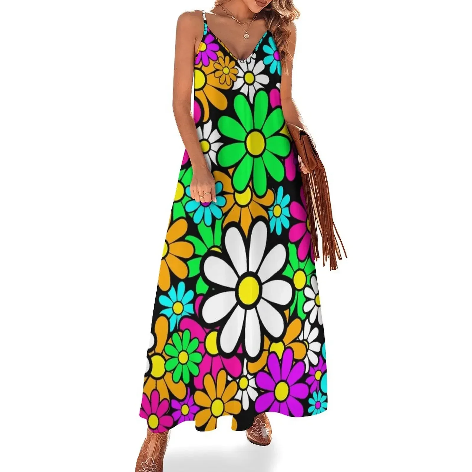 

Retro Happy Daisy Daisies Flowers Happy Flowers Pattern Sleeveless Dress party dresses women evening dress ladies Dress