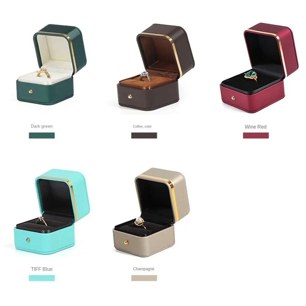 Lightweight PU Leather Square Ring Box Gold Trim Velvet Interior Ring Display Boxes Elegant Ring Storage Case Engagement