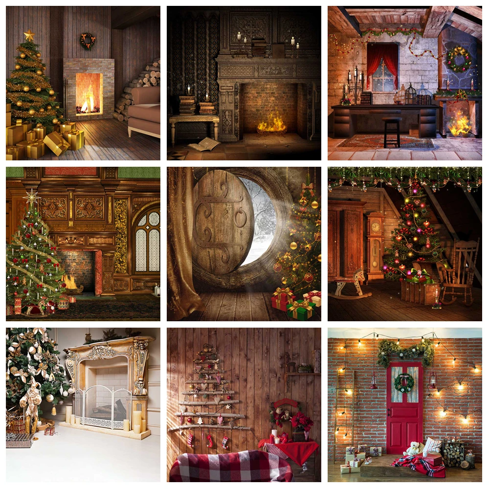 

MOON.QG Vintage Castle Christmas Background Wood Fireplace Xmas Trees Backdrops For Photography Decoration Photocall Photo Booth