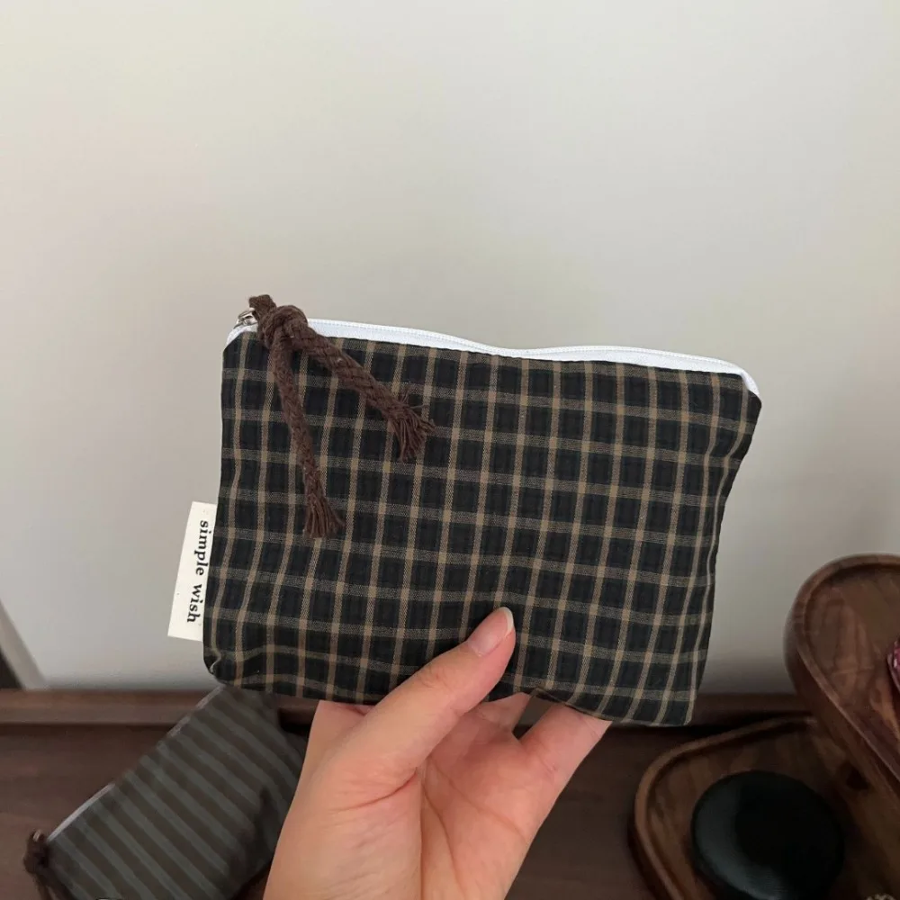 Fashion Vintage Plaid Pattern Coin Purse Korean Style Zipper Mini Zipper Pouch Cotton Storage Bag Wallet Makeup Bag