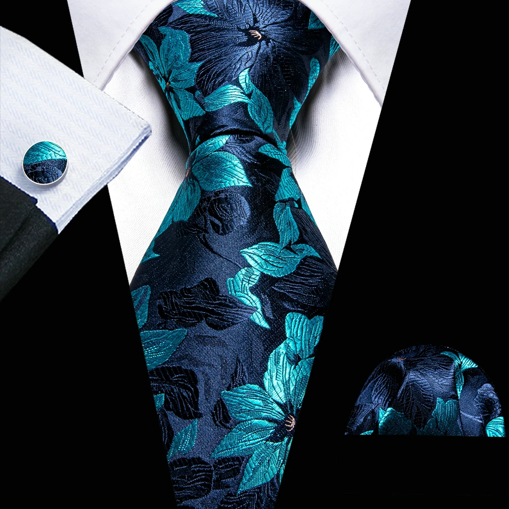 Designer Silk Men Tie Set Blue Teal Green Necktie Handkerchief Cufflinks Wedding Business Gift Dropship Barry. Wang A-5981
