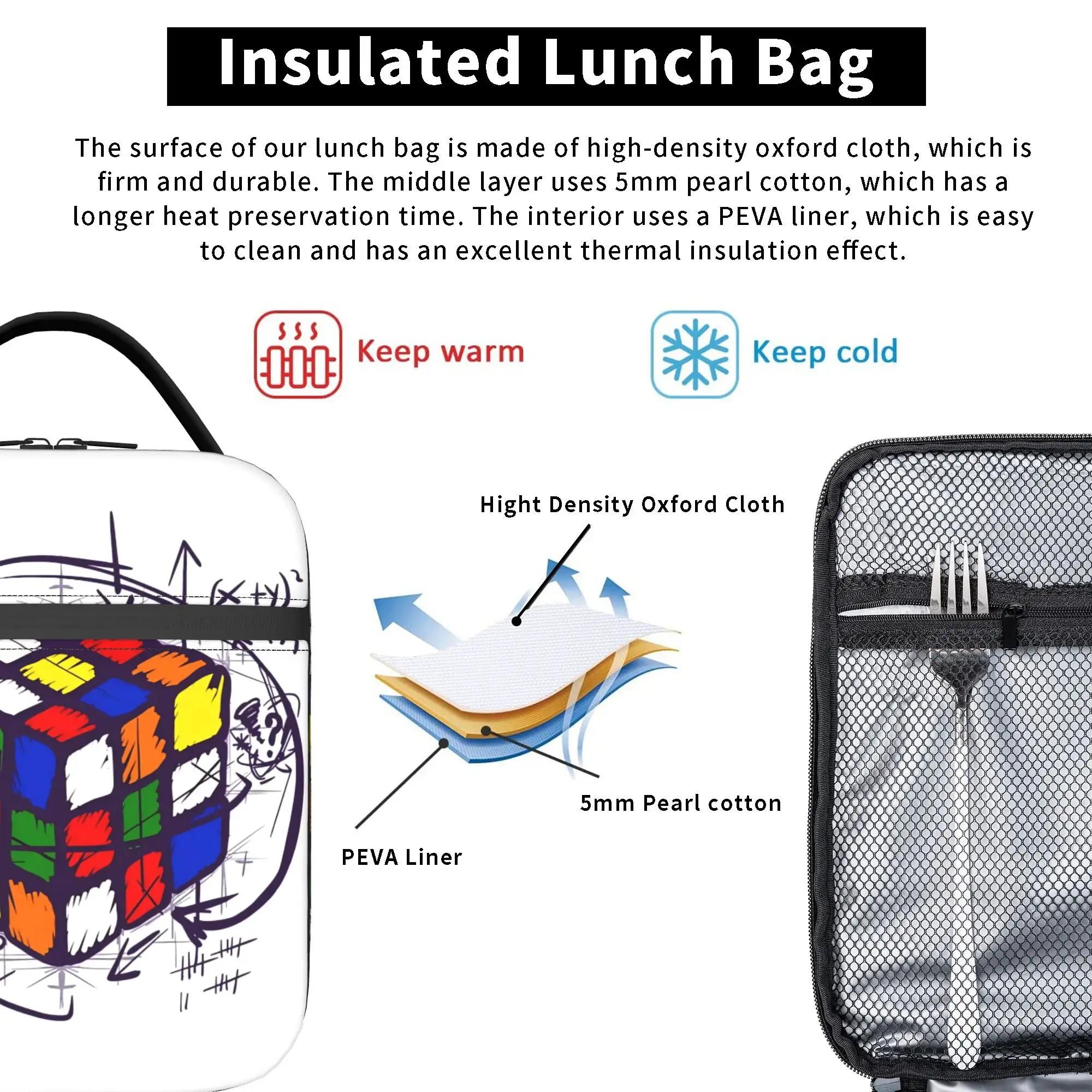Cubiks Math On Light Lunch Bag  Funny Lunch Box For Child  Outdoor Picnic Cooler Bag Waterproof Tote Food Bags