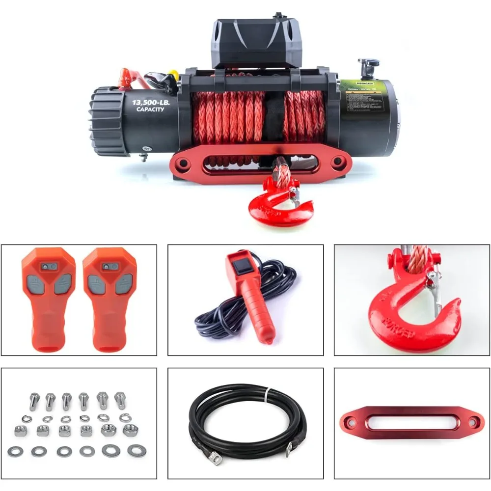 GRIPWAY 13500lb Waterproof Electric Red Synthetic Rope Winch with Hawse Fairlead, Infrared Remote Control