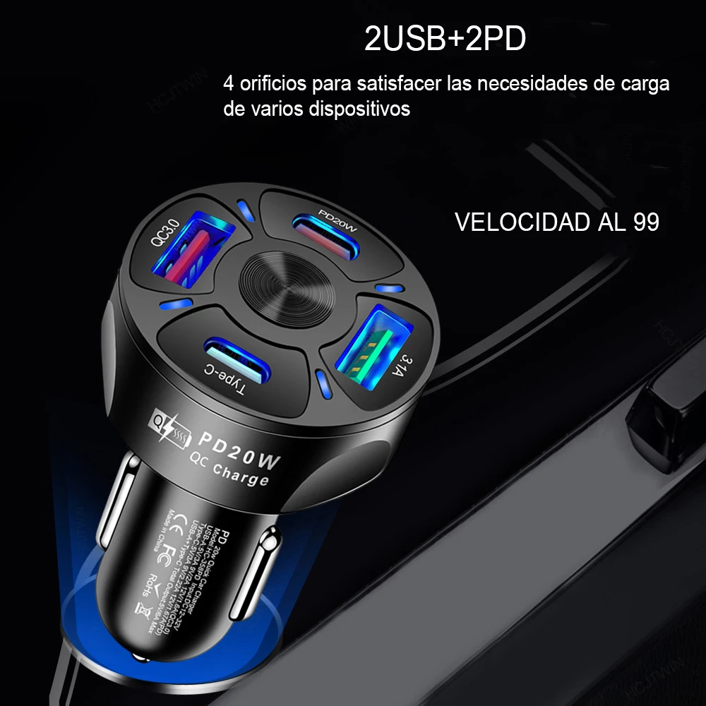 

4 Ports USB Car Charger QC 3.0 Fast Charging PD Quick Charge 3.0 USB C 20WPD Car Phone Charger Cigarette Lighter Adapter