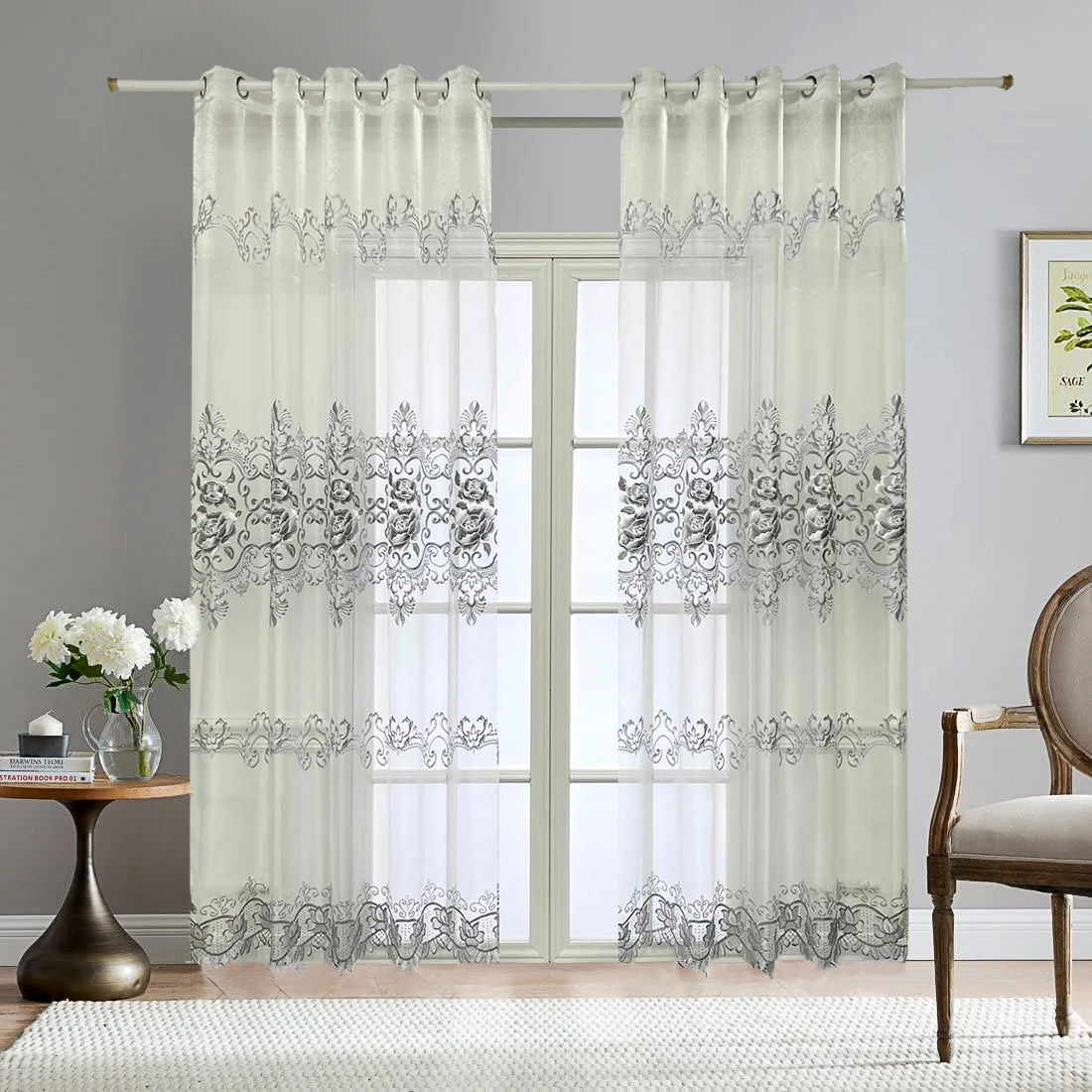 1PC Grey Peony Embroidered Curtain for Living Room Voile Window Drape Rustic Translucent Home Decoration Hotel Ready Made #E