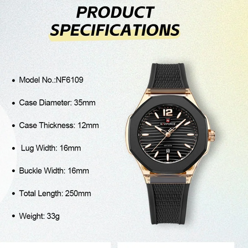 NAVIFORCE Fashion Watch for Women 5ATM Waterproof Silicone Strap Auto Date Display Night Illumination Ladies Elegant Watch Gift