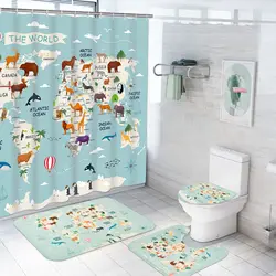 Animal World Map Shower Curtain Set with Non-Slip Rugs Toilet Lid Cover Bath Mat Kids Educational Geography Bathroom Curtain Set