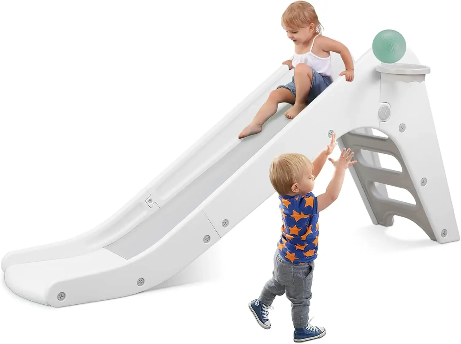 Toddler Slide Climber with Basketball Hoop & Ball, Baby Playset w/Long Slope, for Boys