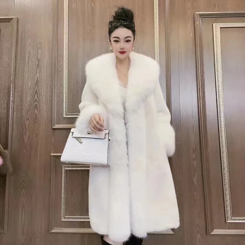 

Faux Fur Coats Women Long Coat Thick Warm Turn Down Collar Open Stitch Spring Outerwear Jackets Elegant Splice Autumn Winter