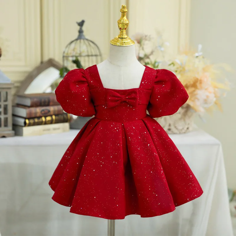 Baby Kids Princess Satin Pearls Bow Flower Girl Dress Children First Communion Dress Ball Gown Wedding Party Dress Birthday