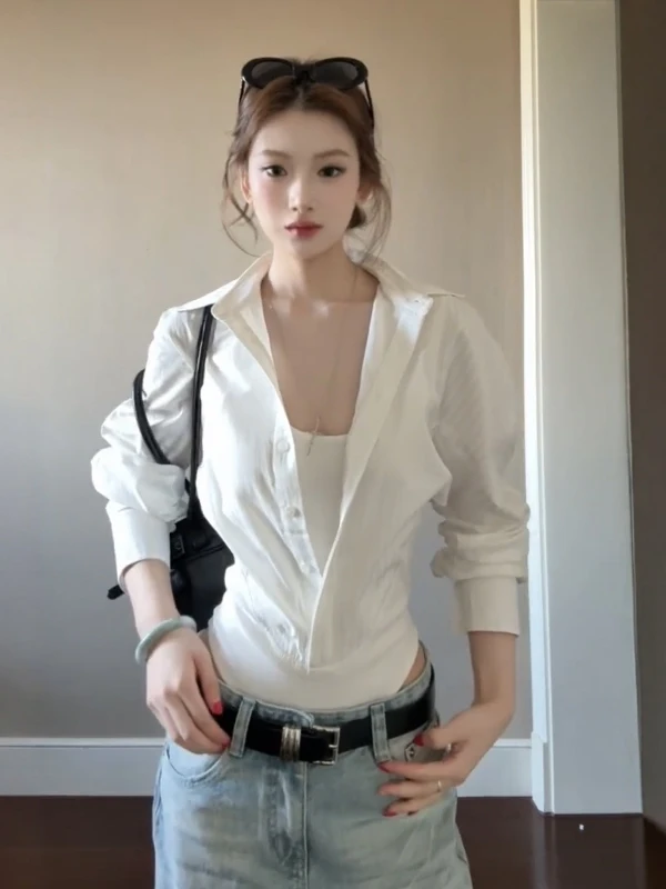 

Women's Long Sve irt Slim Fit Waist Cinched Two Piece Look Spring Autumn Korean Sle Faion Slimming Top