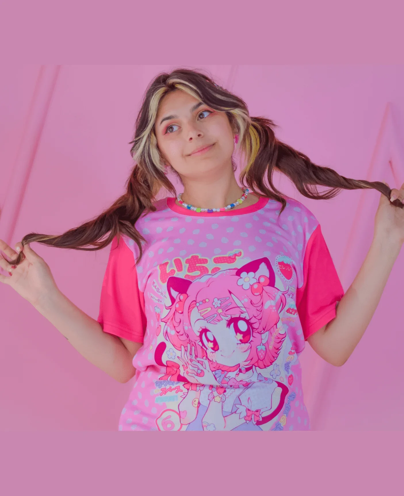 Colorful Candy Harajuku Wind Japanese Retro Manga Pink Tune Cat Ear Girl Strawberry Large Loose Short Sleeve