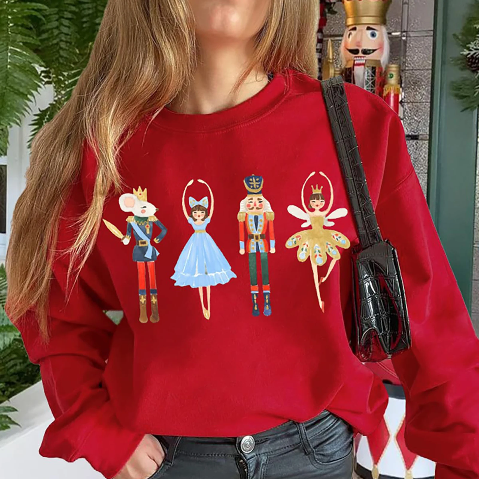 Combhasaki Women's Christmas Loose Fit Sweatshirts Long Sleeve Round Neck Y2K Aesthetic Cartoon Soldiers Print Pullover Tops