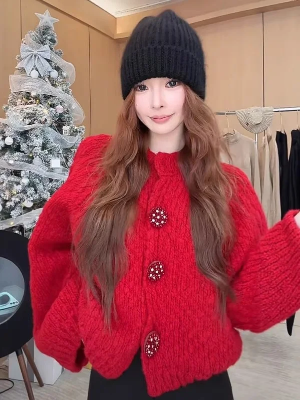 

Luy Year New Year Red Fraance Sle Knitted Thi Warm Cardigan Women's Autumn Winter Loose Fit Soft Korean Sle Sweater...