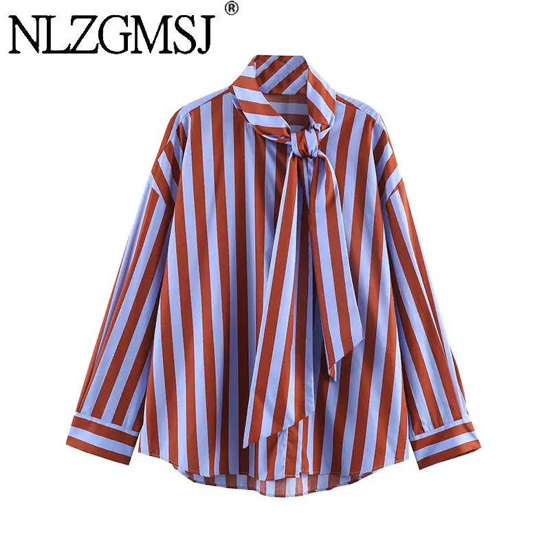 NLZGMSJ 2026 Frühling Vintage Gestreiftes Hemd für Damen Elegantes Hemd mit Schleifenkragen Modisches Büro-Damenhemd für den Urlaub