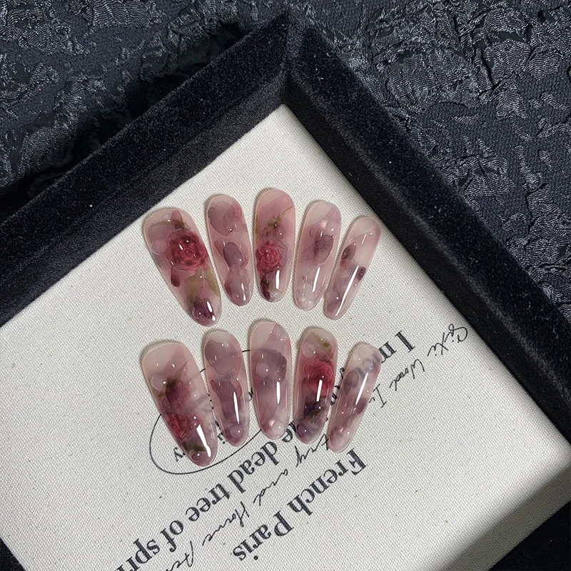 

10pcs/bag Long Oval Smudge Rose Flowers Painting Handmade Press On Nails Detachable Full Cover False Nail