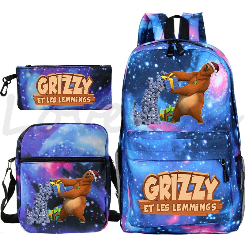 Imagem -03 - Conjunto Grizzy e Les Lemmings Mochila Estudante Bolsas de Escola Crianças dos Desenhos Animados Bookbag Meninos Meninas Mochila Diária Daypack Peças