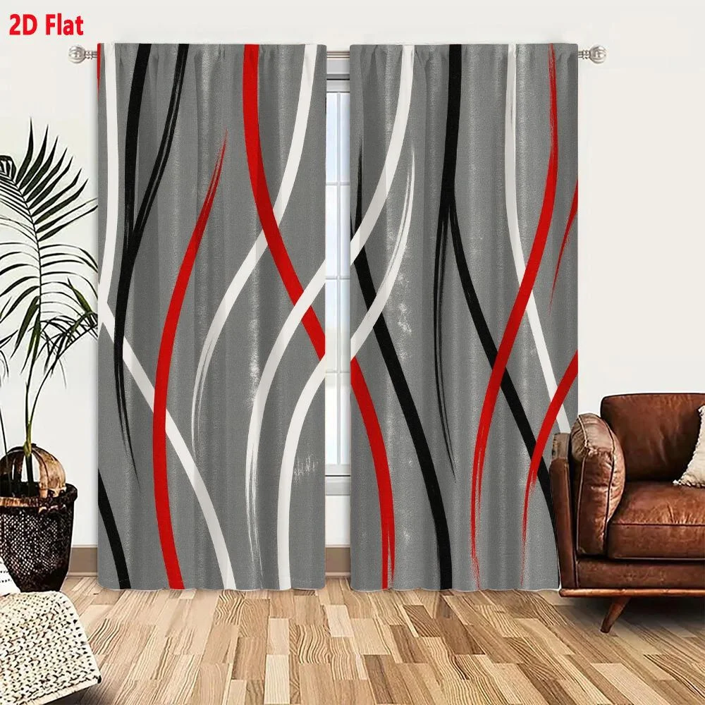 2Pcs Curtains 2D Flat Abstract Modern Art Design With Black White Red Gray Wavy Brushstroke Lines Dynamic Flowing Pattern High-C