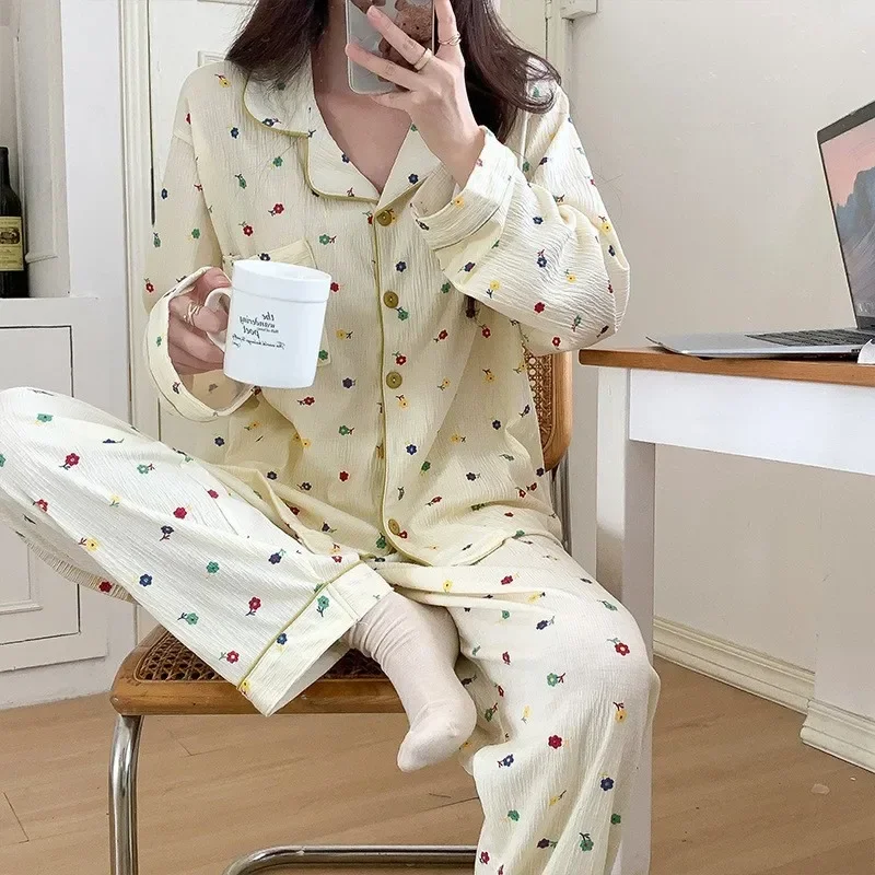 Pigiama donna primavera e autunno Cardigan manica lunga Set carino pizzo stampato panno stropicciato Loungewear Set 2 pezzi pigiama