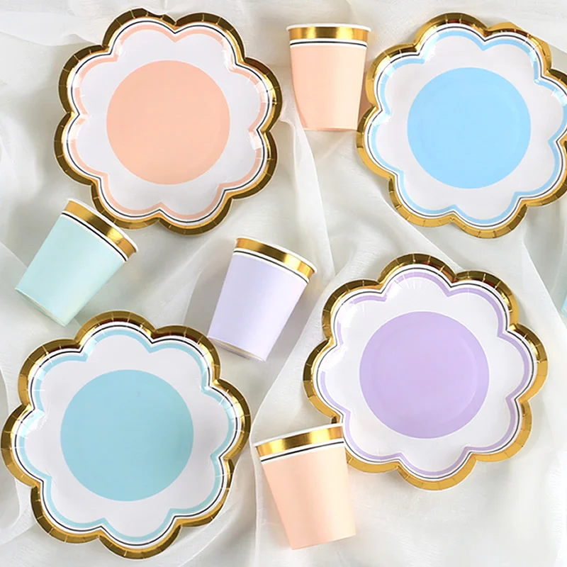 10pcs disposable tableware petal-shaped paper plate paper cup 7/9 inch plate macaron color cupcake plate and plate wholesale