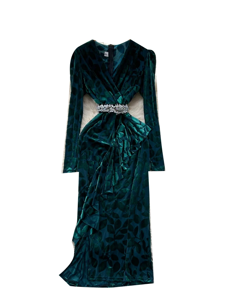 فستان أنيق من المخمل بأكمام طويلة وياقة على شكل V مع طباعة، فستان نسائي خريفي نحيف بخصر مرتفع وشق، فستان بأسلوب كوري للعمل