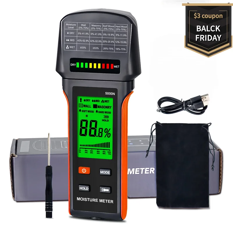 

Digital Moisture Meter,BT-5000N Pinless Moisture Meter for Wood, Drywall & Concrete Plaster Floor Concrete Building with 3-Color
