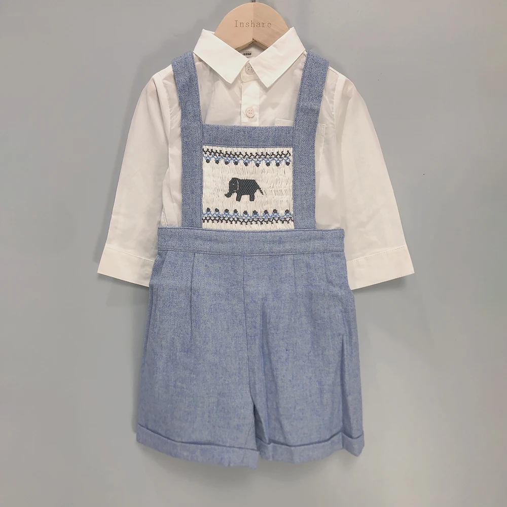 Toddler Boy Wool Suspender Shorts Set White Cotton Long Sleeve Bubble Blue Handmade Smocked Elephant Christening  Eid Clothes