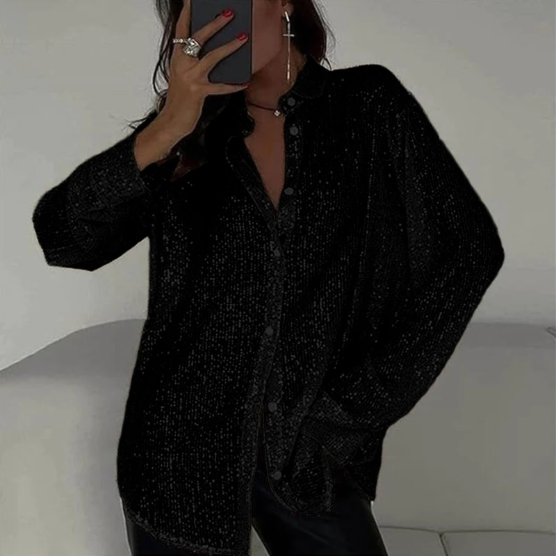 HX6F Party Women Sparkly Long Sleeve Lapel Shirt Button Front Loose Fit Sequins Top