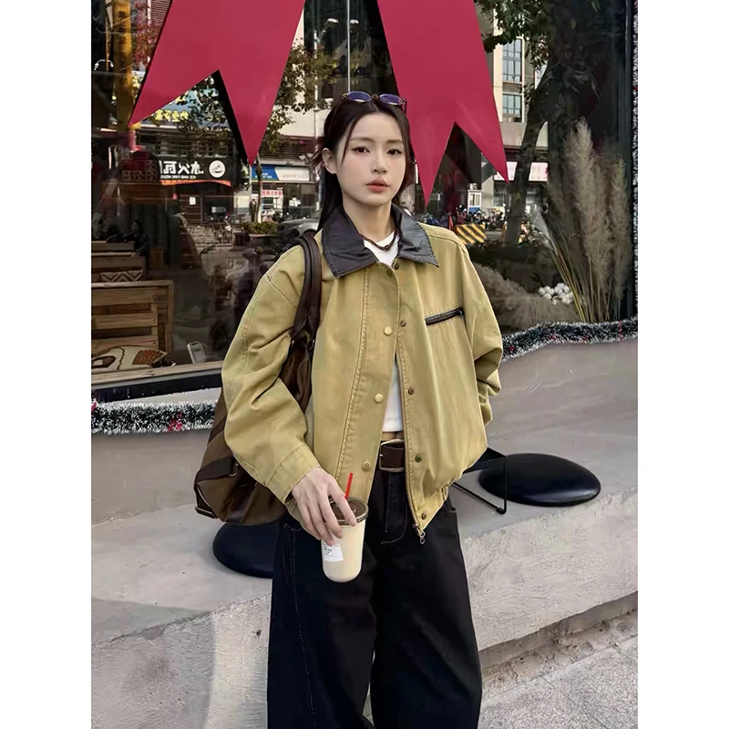 YIBASHU Winter Women 2000s Splice Jacket Coat Y2k Outwear Korean Harajuku College Style khaki Jacket Designer American Retro