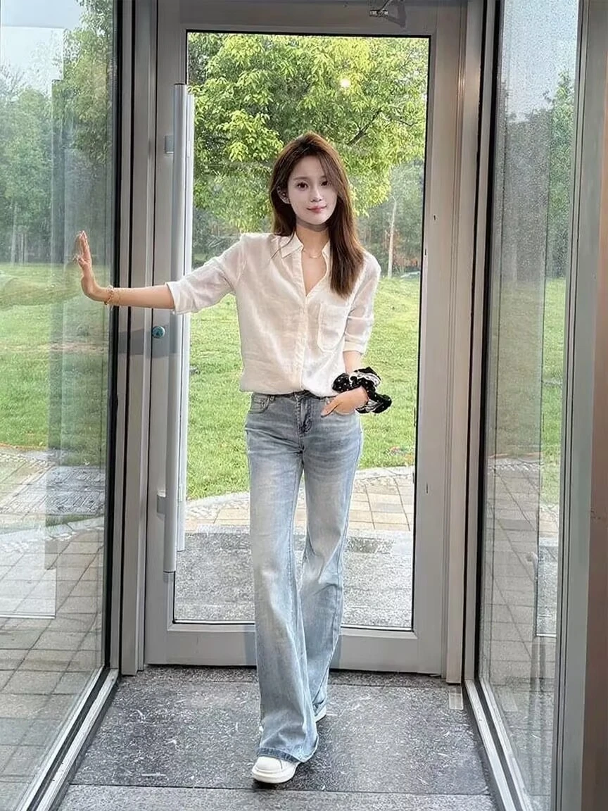 

Retro Waed Bell Bot High Waist Skinny Straight Leg Jeans Women Summer Korean Sle Light Blue Floor Length Trousers