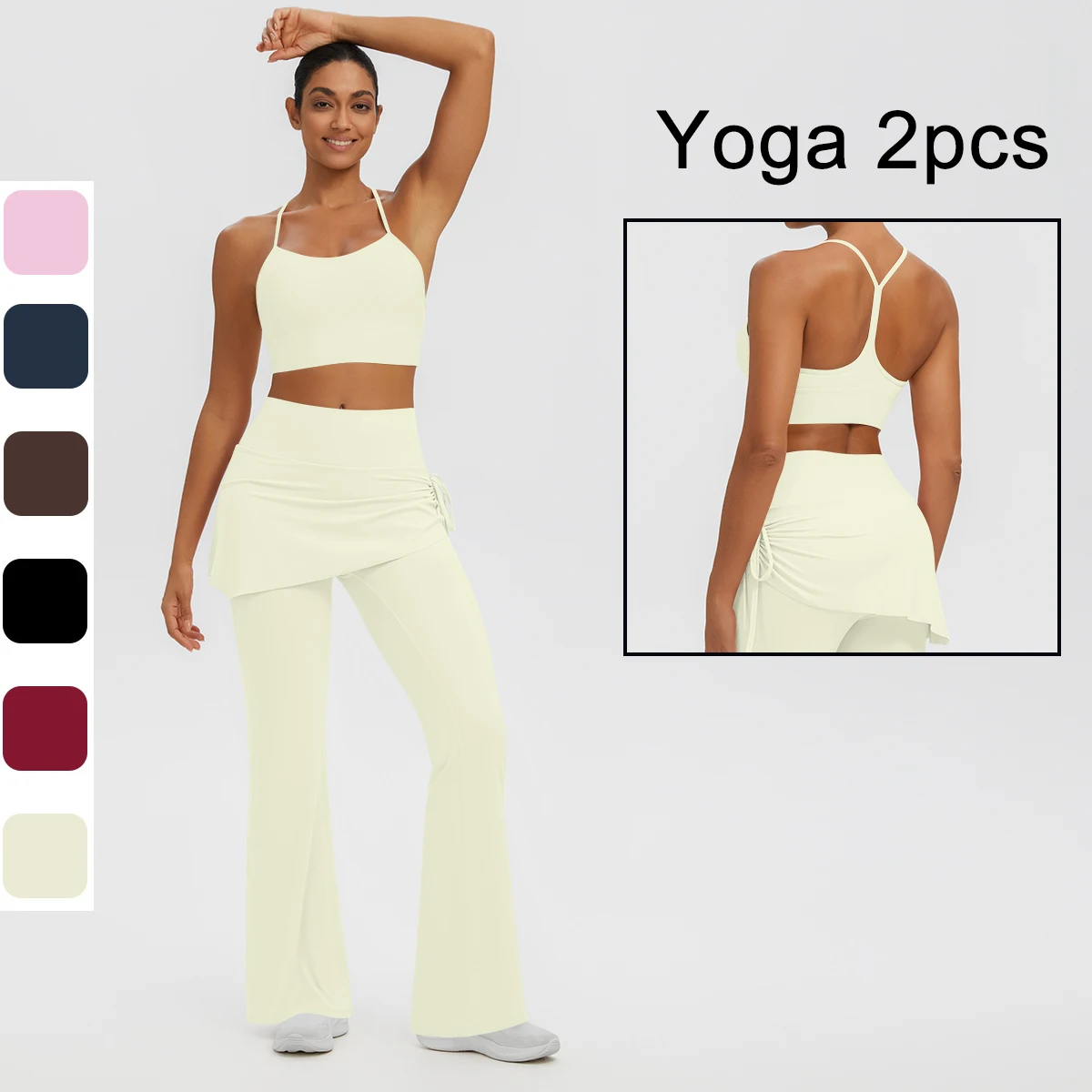 New Quick Drying Yoga Pants Set for Women Solid Color Pleated Yoga Wide Leg Pants Sexy Gather Beautiful Back Yoga Bra Sports Set