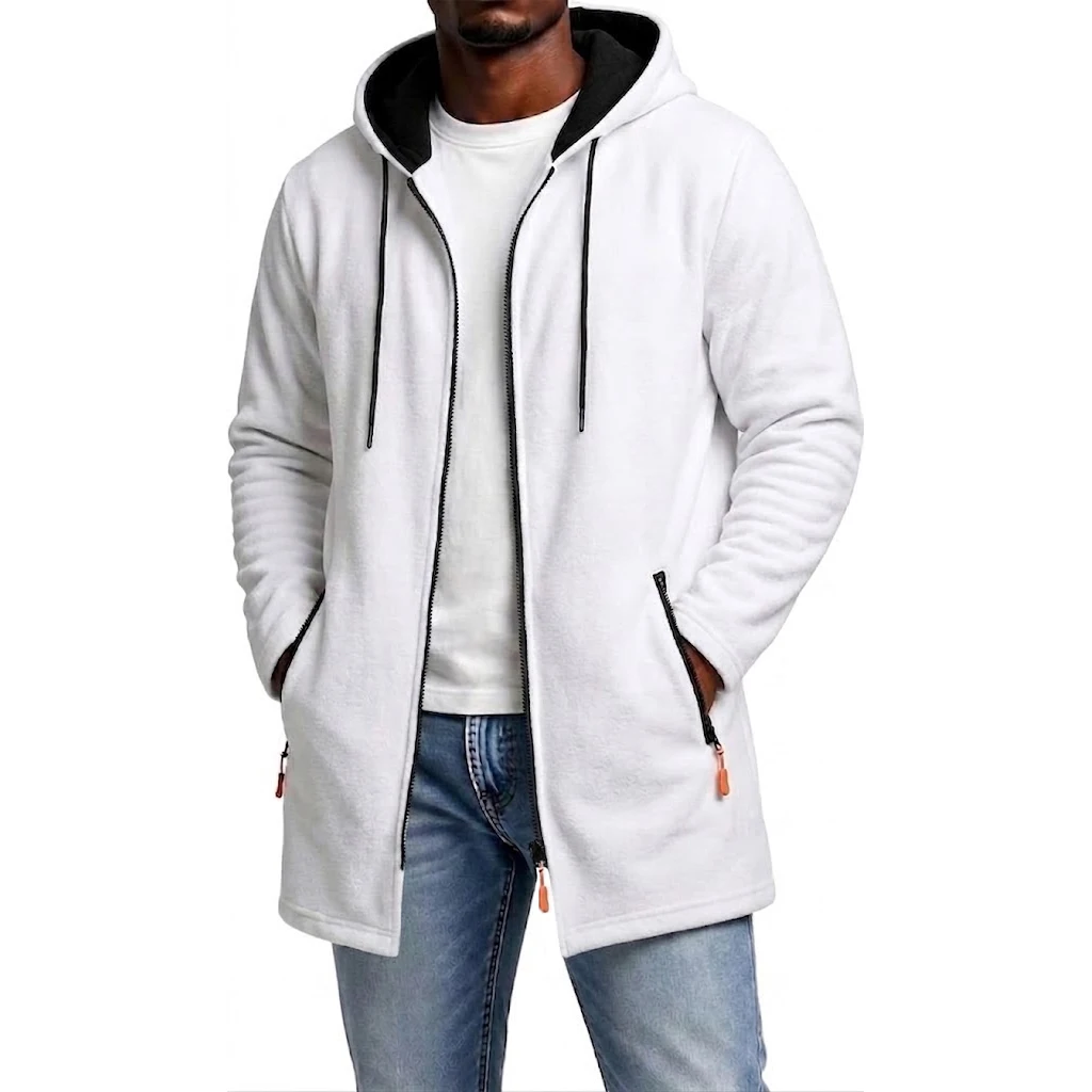 Neuer Herren-Hoodie mit Reißverschluss, lässiger mittellanger Sweatshirt-Fleece-Mantel, warmer Winter-Kapuzenmantel mit Reißverschlusstaschen. – Detail 3
