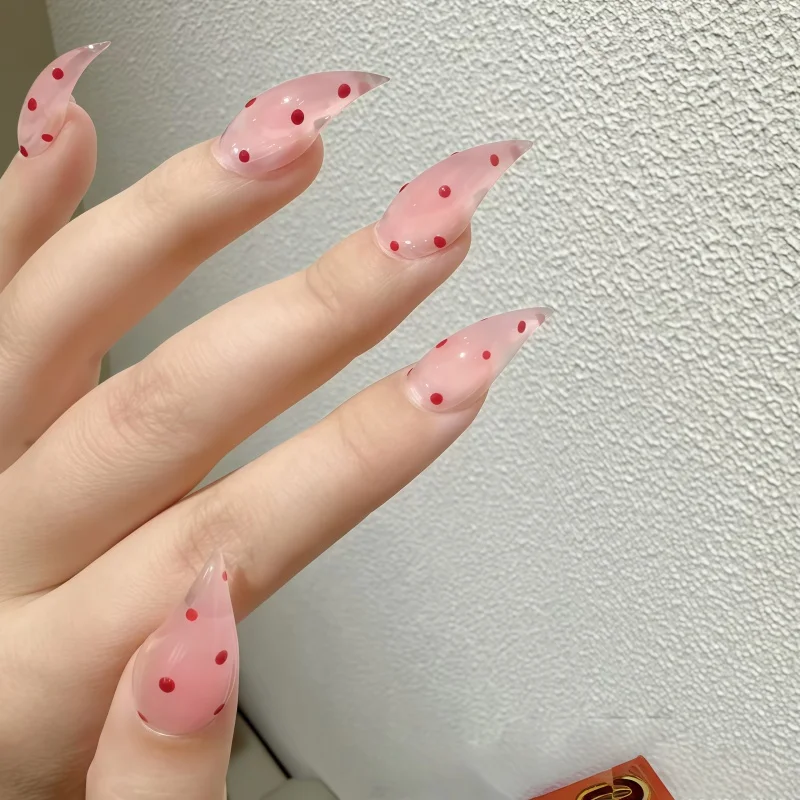 10PCS Transparent jelly powder long-style fake nails, cute red dot design sequin nail art set Korean-style girl style