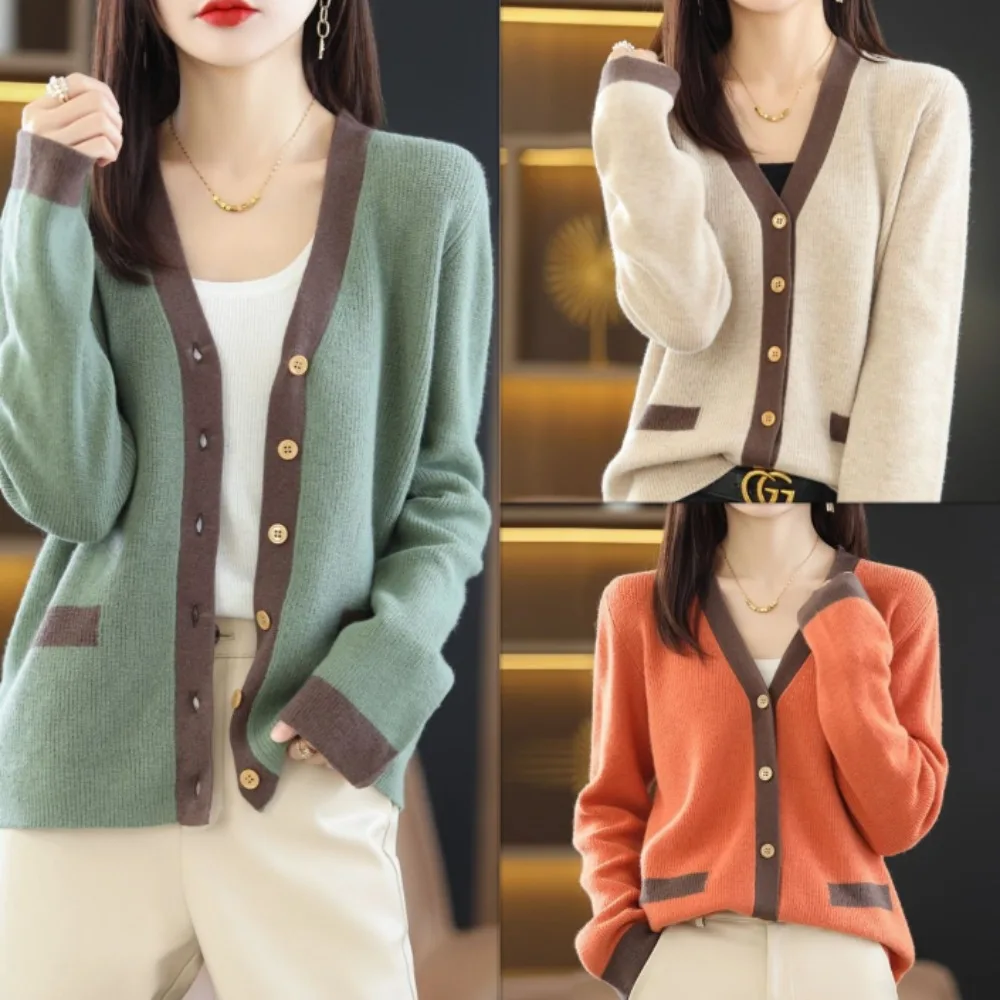 

Модный вязаный кардиган женский свободного кроя с V-образным вырезом, цветной блокированный свитер-жакет