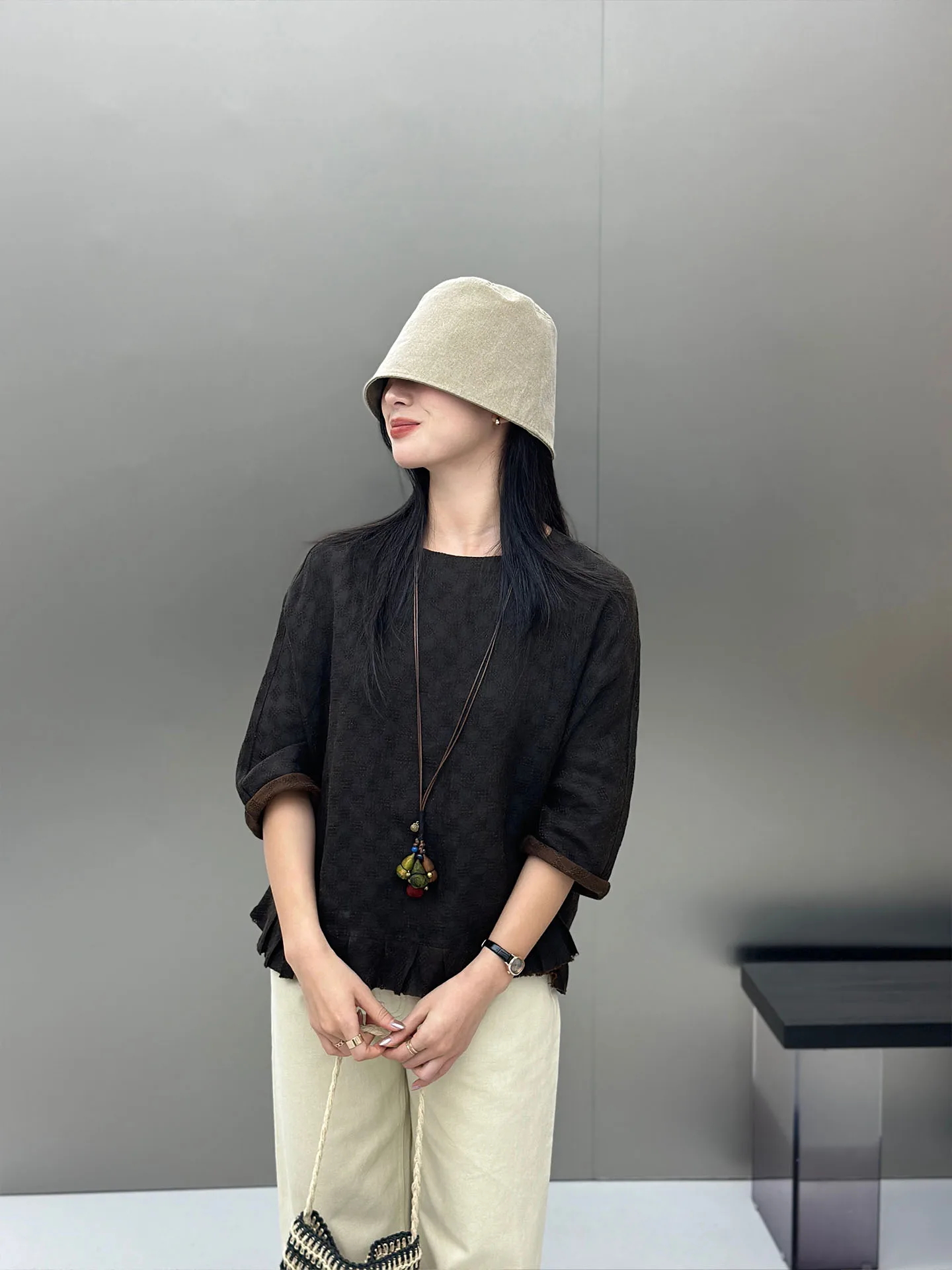 

BodhlCat Linen Embroidered Shirt round Neck Long Sleeve Women's Comfortable Breathable Loose Fit Spring Summer Casual Shirt