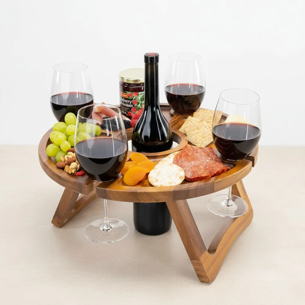 

Portable Folding Wine Table with Glass Holder - Outdoor Picnic Accessory for Family & Friends
