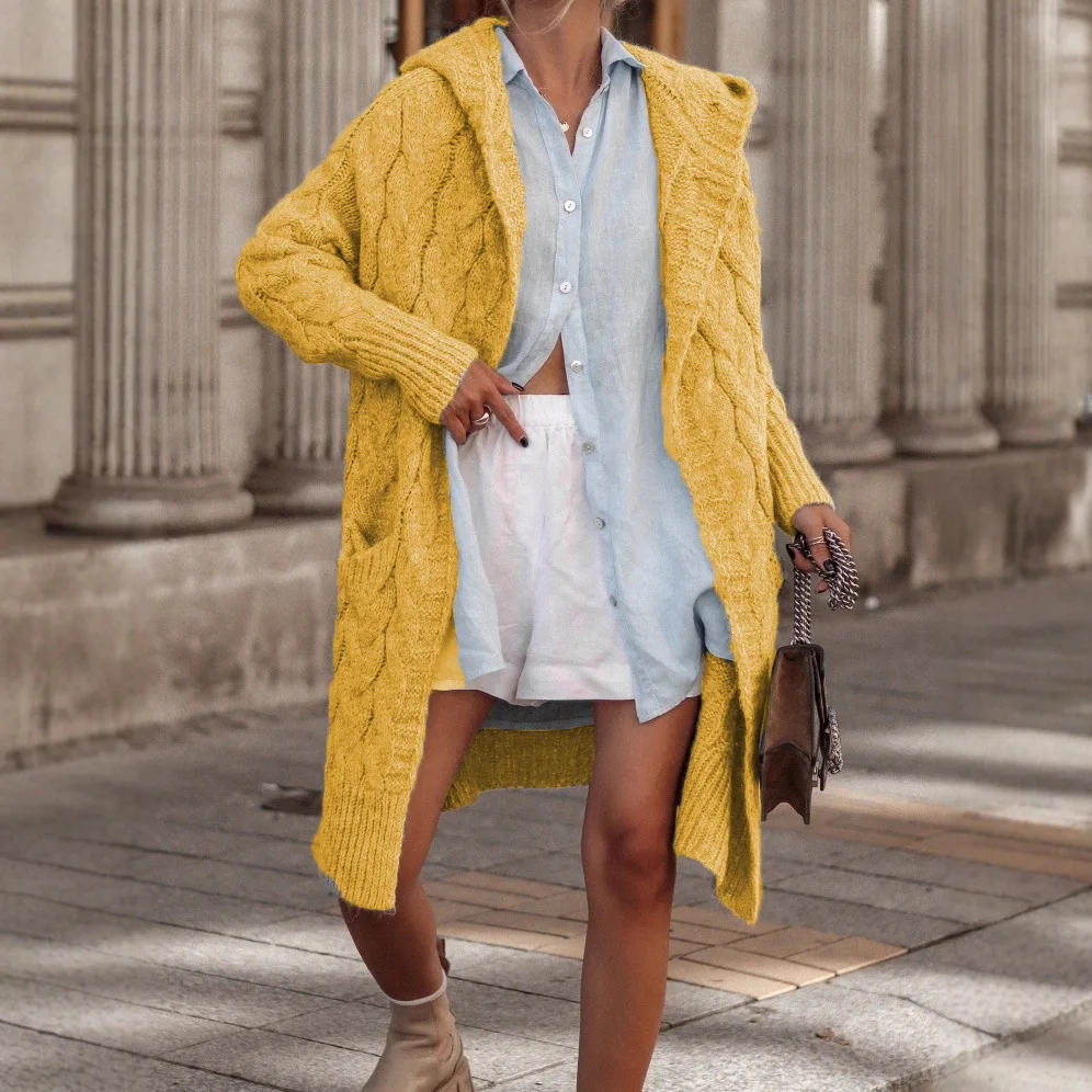 الخريف الشتاء طويل سترة مشغولة من الصوف النمط الأوروبي تويست قبعة قميص مفتوح سترة محبوك ملابس خارجية معطف