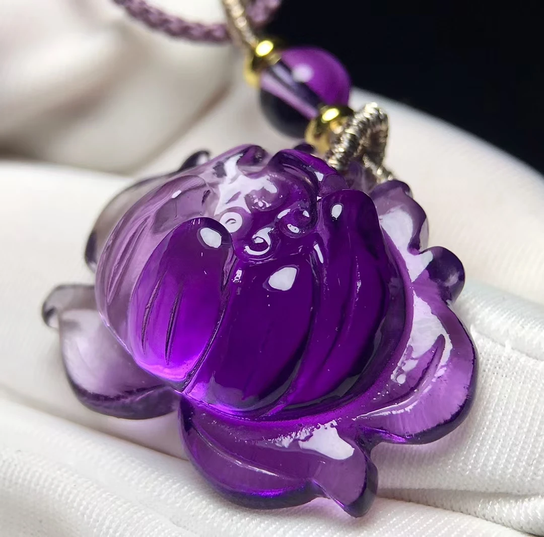 Natural Purple Amethyst Quartz Pendant Necklace 21/27.7/12.2mm Lotus Amethyst Jewelry Beads Women Men Necklace Brazil AAAAAA