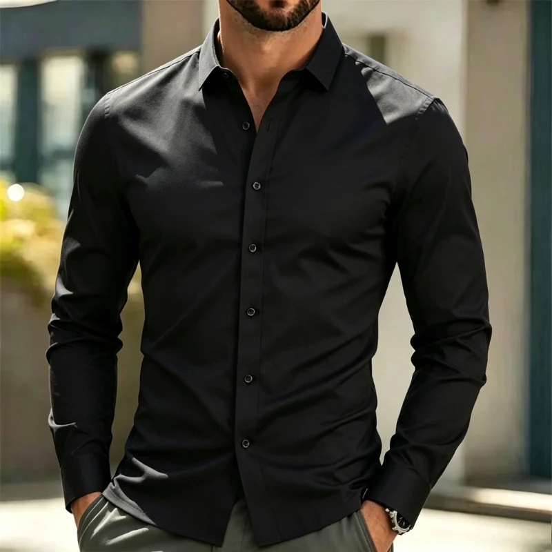 

High End Business Black Dress Shirt Men Spring Autumn Classic Basic Casual Slim Long Sleeve Work Formal Shirts Men Brand Clothes