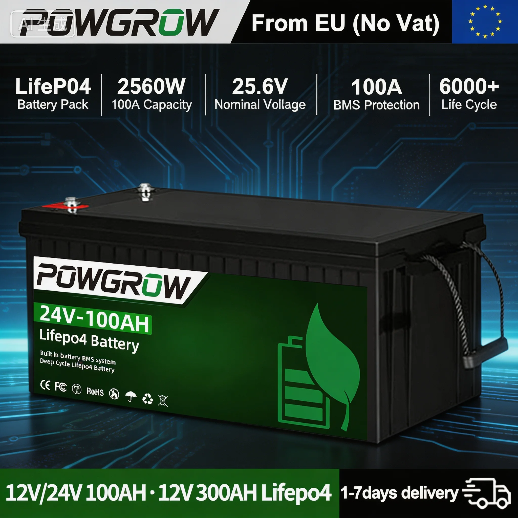 Batteria LiFePO4 POWGROW 12V 100AH, batteria al litio ferro fosfato 24V 100ah con BMS integrato, oltre 6000 cicli, per inverter e sistemi solari domestici, senza tasse