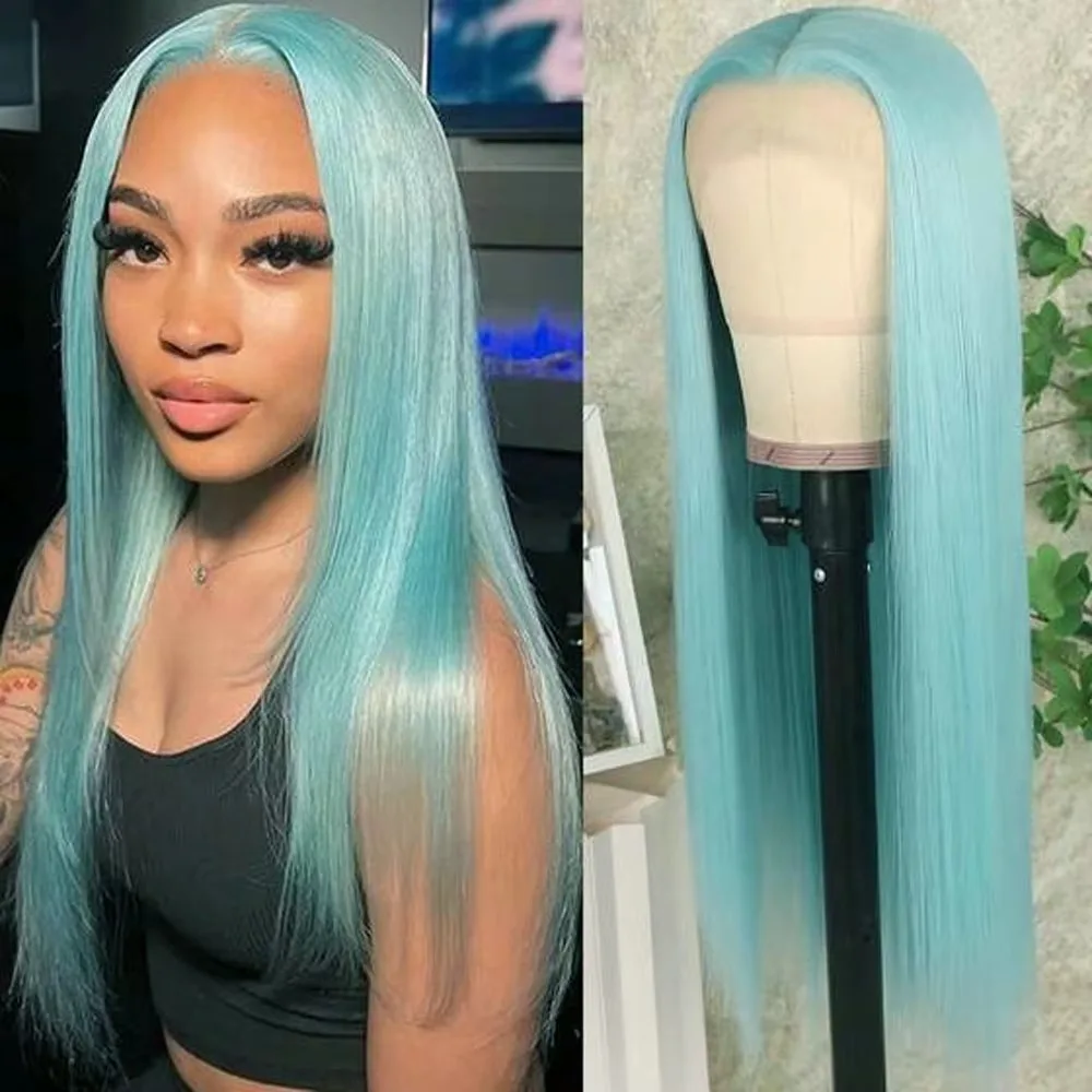 Blue Green 13x4 Hd Synthetic Lace Front Wig Bone Straight Colored Heat Resistant Glueless Preplucked Lace Wigs For Women Party